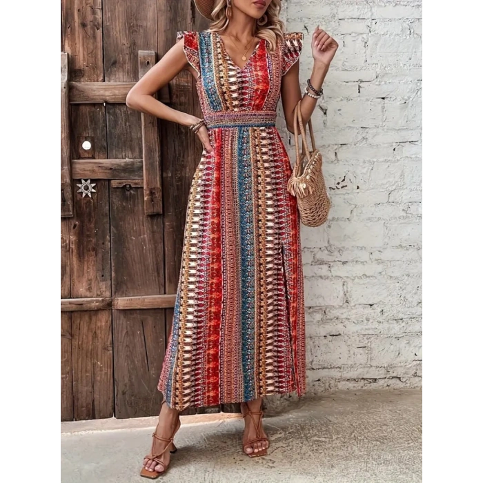 Kadın Kısa Kollu V Yakalı Desenli Yandan Yırtmaçlı Süprem Elbise