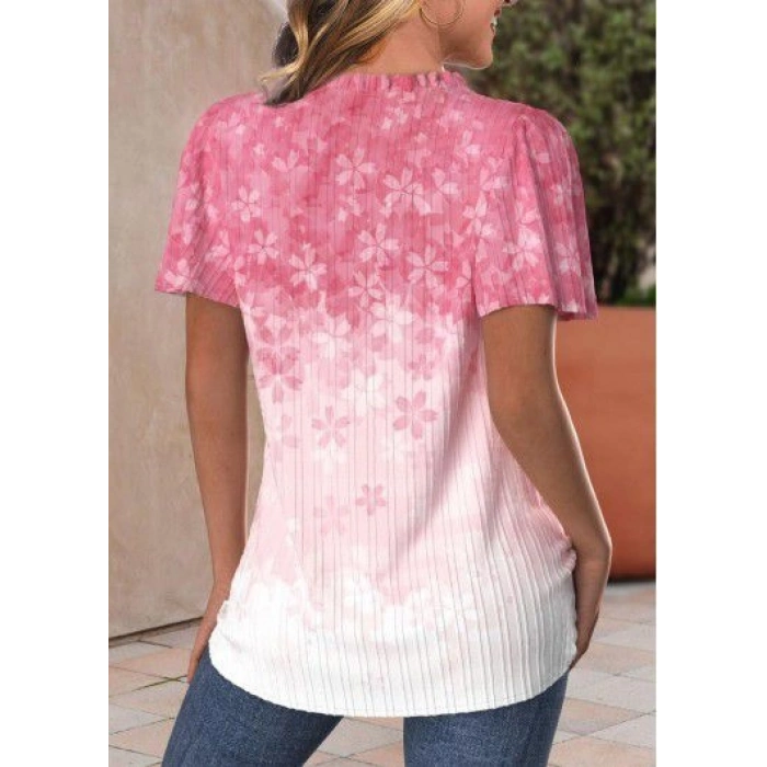 Kadın Kısa Kollu V Yakalı Düğmeli çiçek Baskılı Pamuk Bluz