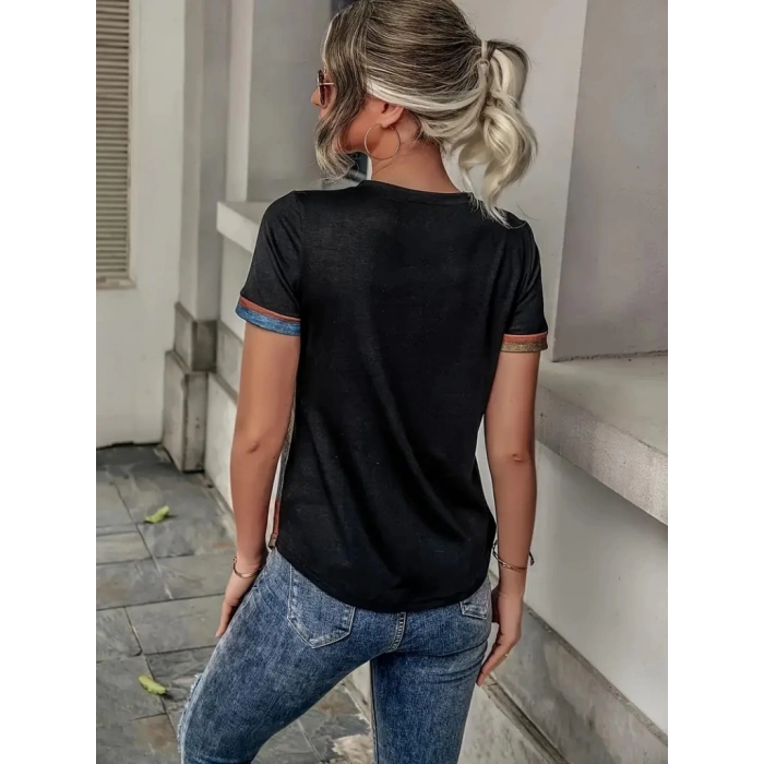 Kadın Kısa Kollu V Yakalı Düğmeli çok Renkli Süprem Bluz