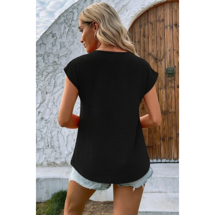 Kadın Kısa Kollu V Yakalı Düğmeli Keten Bluz