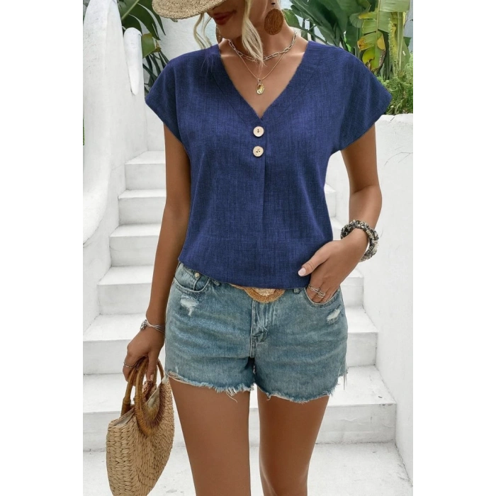 Kadın Kısa Kollu V Yakalı Düğmeli Keten Bluz