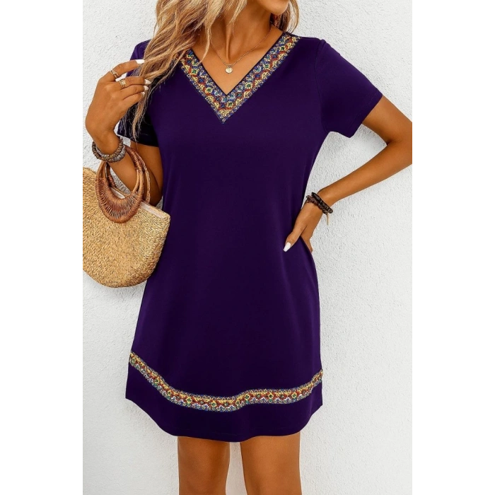 Kadın Kısa Kollu V Yakalı Etnik Desen şerit Detaylı Viskon Elbise