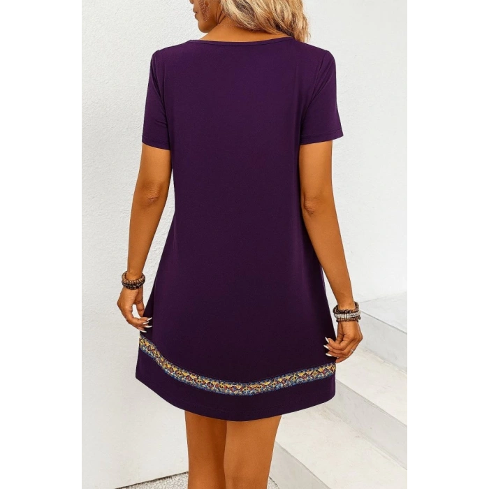 Kadın Kısa Kollu V Yakalı Etnik Desen şerit Detaylı Viskon Elbise