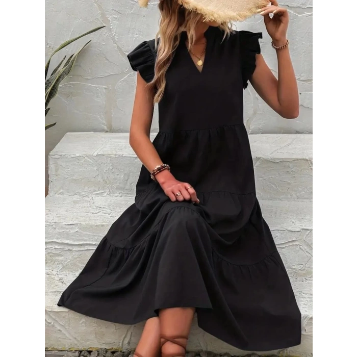 Kadın Kısa Kollu V Yakalı Geniş Kesim Uzun Trikoton Elbise