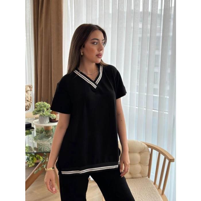 Kadın Kısa Kollu V Yakalı Iki Iplik Bluz Ve Pantolon Ikili Takım