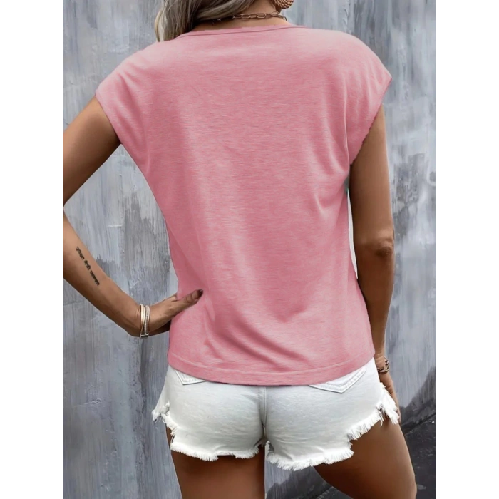 Kadın Kısa Kollu V Yakalı Kalp Baskılı Viskon Bluz