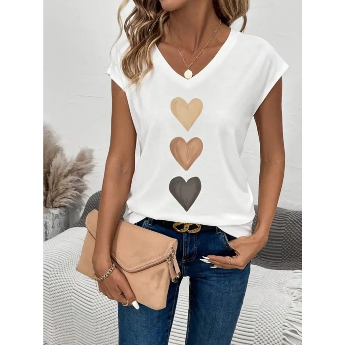 Kadın Kısa Kollu V Yakalı Kalp Desen Viskon Bluz