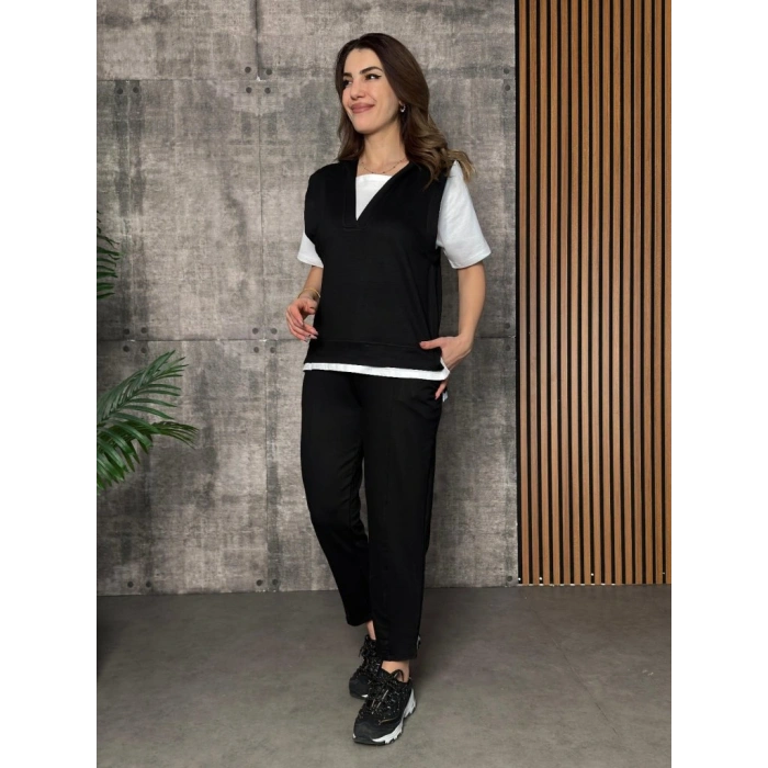 Kadın Kısa Kollu V Yakalı Kapşonlu Viskon Iki Iplik Bluz Ve Pantolon Takım