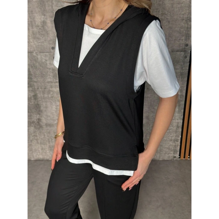 Kadın Kısa Kollu V Yakalı Kapşonlu Viskon Iki Iplik Bluz Ve Pantolon Takım