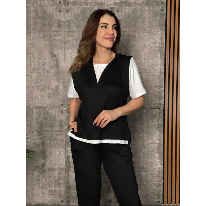 Kadın Kısa Kollu V Yakalı Kapşonlu Viskon Iki Iplik Bluz Ve Pantolon Takım