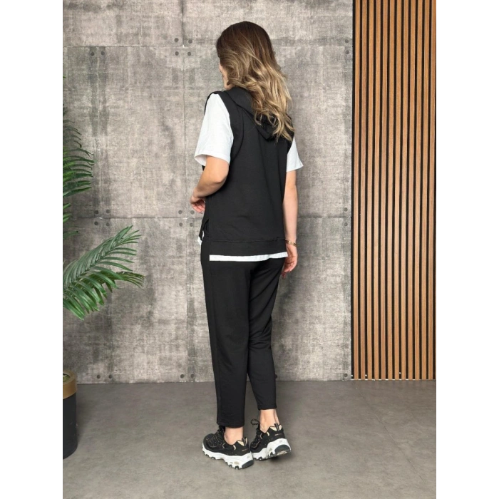 Kadın Kısa Kollu V Yakalı Kapşonlu Viskon Iki Iplik Bluz Ve Pantolon Takım