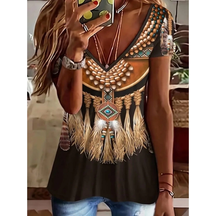 Kadın Kısa Kollu V Yakalı Kısa Kollu Salaş Desenli Süprem Bluz