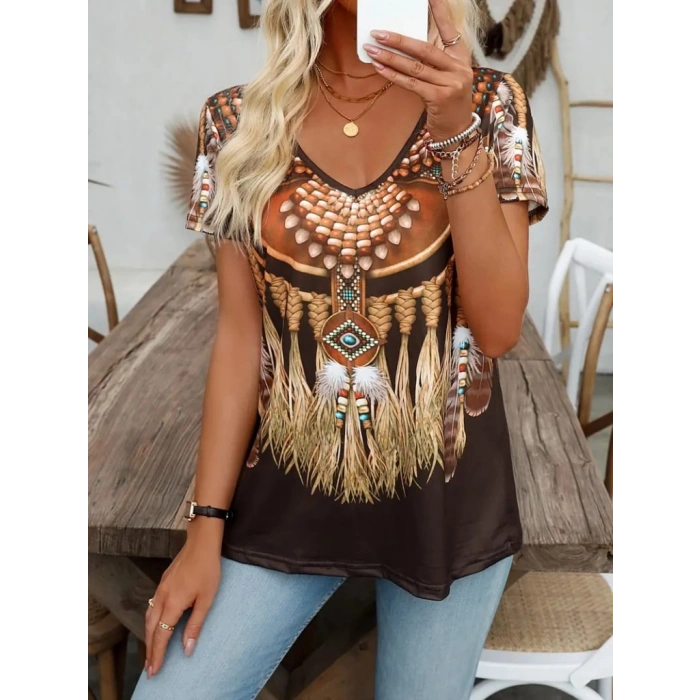 Kadın Kısa Kollu V Yakalı Kısa Kollu Salaş Desenli Süprem Bluz