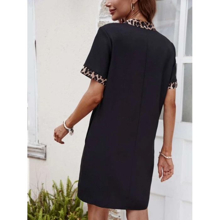 Kadın Kısa Kollu V Yakalı Leopar Desen Detaylı Modal Elbise