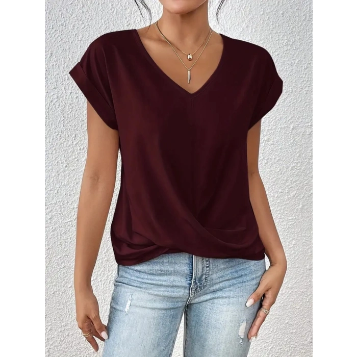 Kadın Kısa Kollu V Yakalı önden çapraz Geçmeli Detay Viskon Bluz