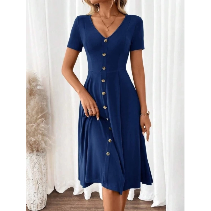 Kadın Kısa Kollu V Yakalı önden Düğmeli A Kesim Dokuma Elbise