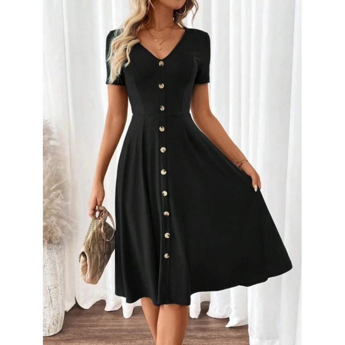 Kadın Kısa Kollu V Yakalı önden Düğmeli A Kesim Dokuma Elbise