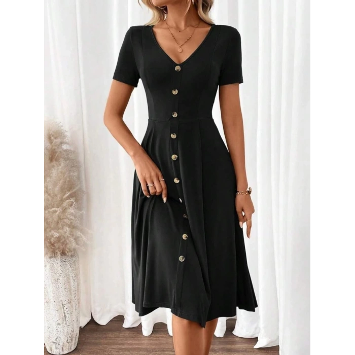Kadın Kısa Kollu V Yakalı önden Düğmeli A Kesim Dokuma Elbise