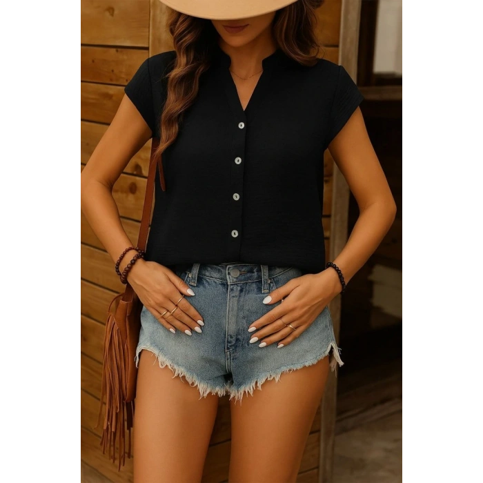 Kadın Kısa Kollu V Yakalı önden Düğmeli Müslim Gömlek