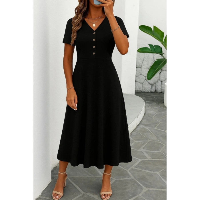 Kadın Kısa Kollu V Yakalı önden Düğmeli Yırtmaçlı Midi Viskon Elbise