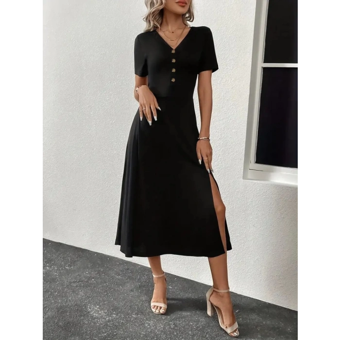 Kadın Kısa Kollu V Yakalı önden Düğmeli Yırtmaçlı Midi Viskon Elbise