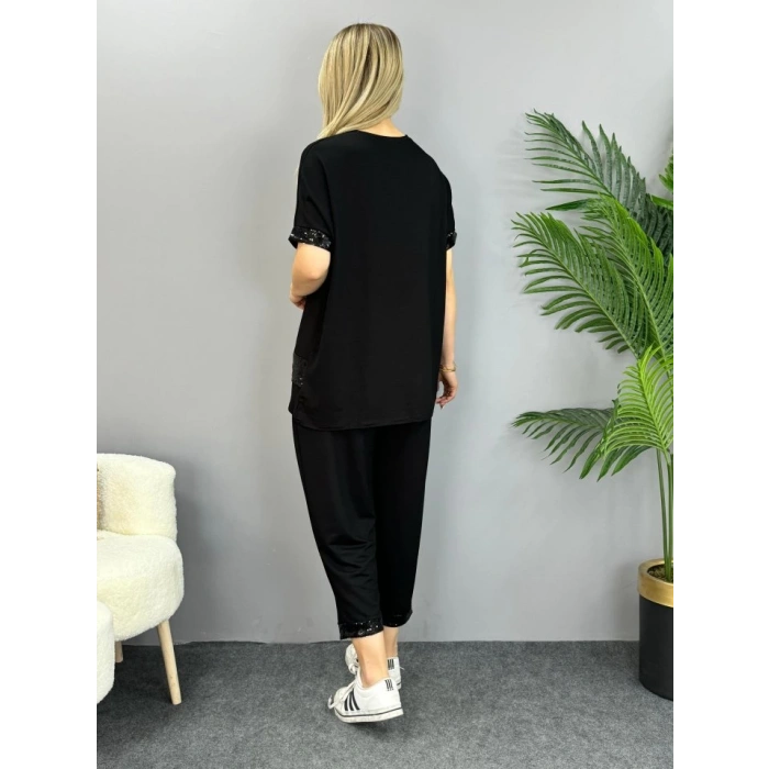 Kadın Kısa Kollu V Yakalı Pul Payetli Viskon Iki Iplik Bluz Ve Pantolon Ikili Takım