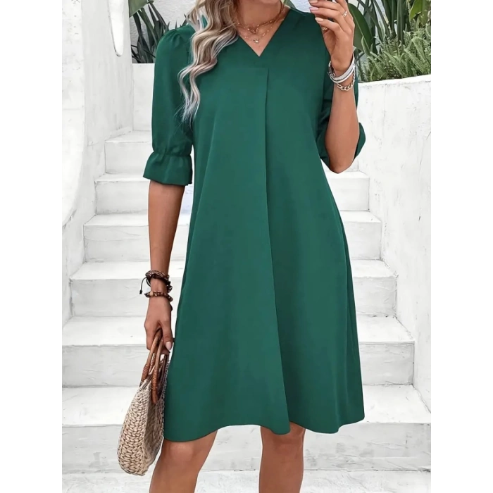 Kadın Kısa Kollu V Yakalı Salaş Janjan Krep Elbise