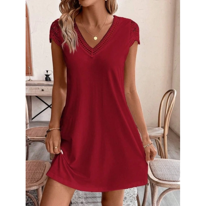 Kadın Kısa Kollu V Yakalı Viskon Elbise