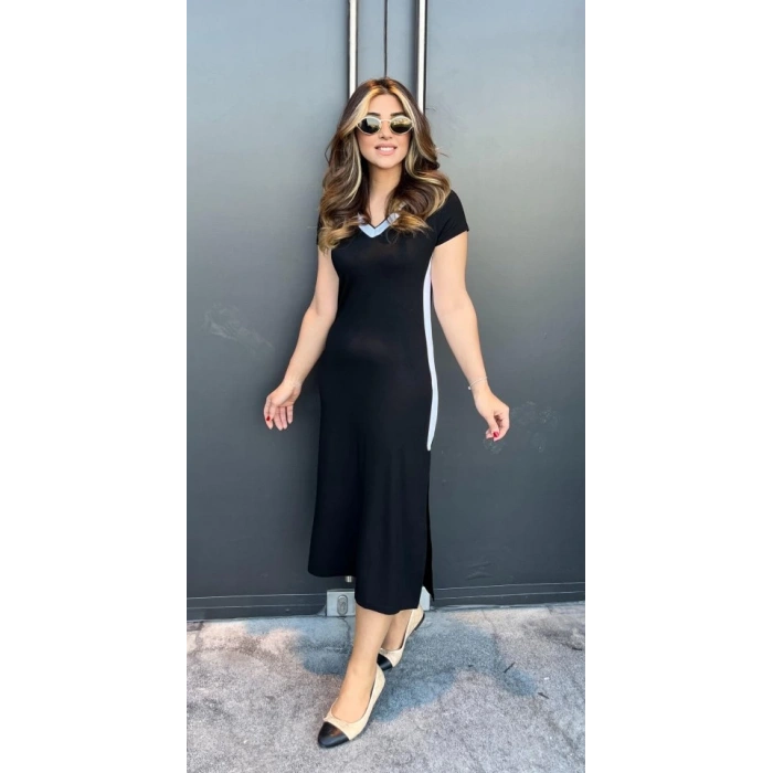 Kadın Kısa Kollu V Yakalı Yandan şerit Ve Yırtmaçlı Viskon Uzun Elbise