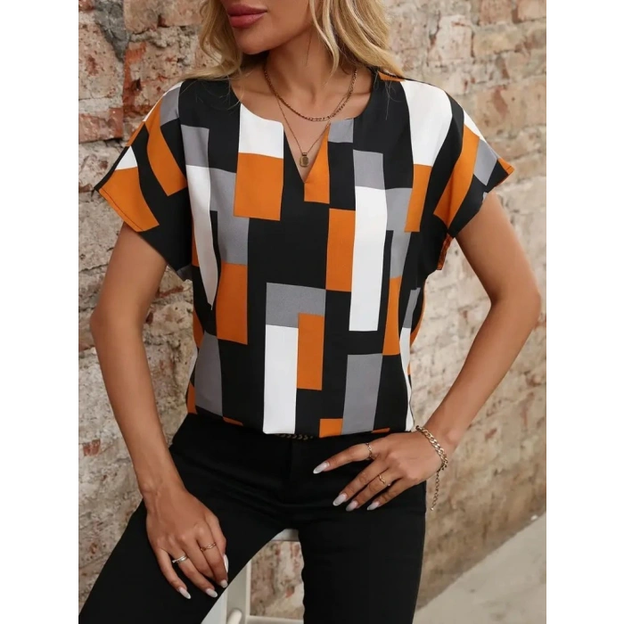 Kadın Kısa Kollu V Yakalı Yarasa Kollu Atlas Bluz