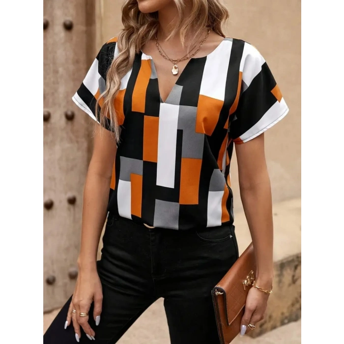 Kadın Kısa Kollu V Yakalı Yarasa Kollu Atlas Bluz