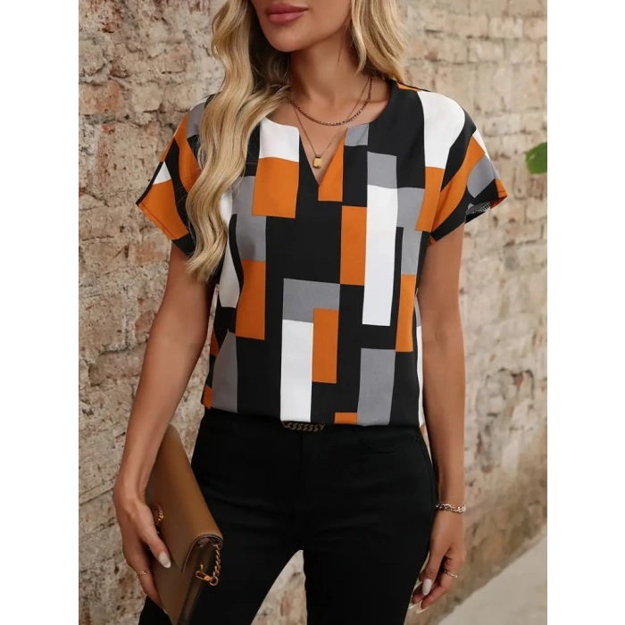 Kadın Kısa Kollu V Yakalı Yarasa Kollu Atlas Bluz