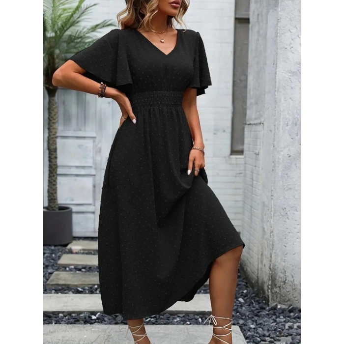 Kadın Kısa Kollu Volanlı Kol Beli Gipeli Jakarlı Vual Midi Boy Elbise