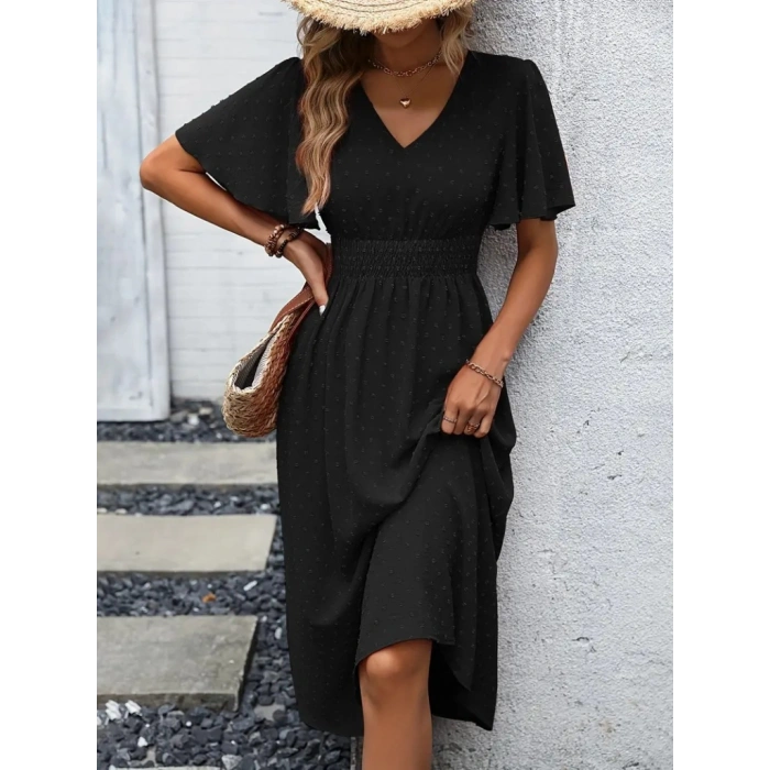 Kadın Kısa Kollu Volanlı Kol Beli Gipeli Jakarlı Vual Midi Boy Elbise