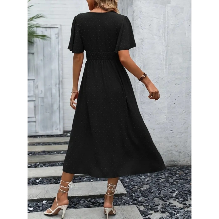 Kadın Kısa Kollu Volanlı Kol Beli Gipeli Jakarlı Vual Midi Boy Elbise