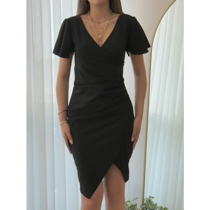 Kadın Kısa Kollu Volanlı Kruvaze Yaka Yanlardan Büzgülü Ithal Krep Elbise