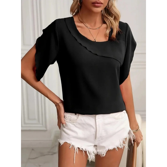 Kadın Kısa Kollu Yaka Ve Kol Detay Jesica Bluz