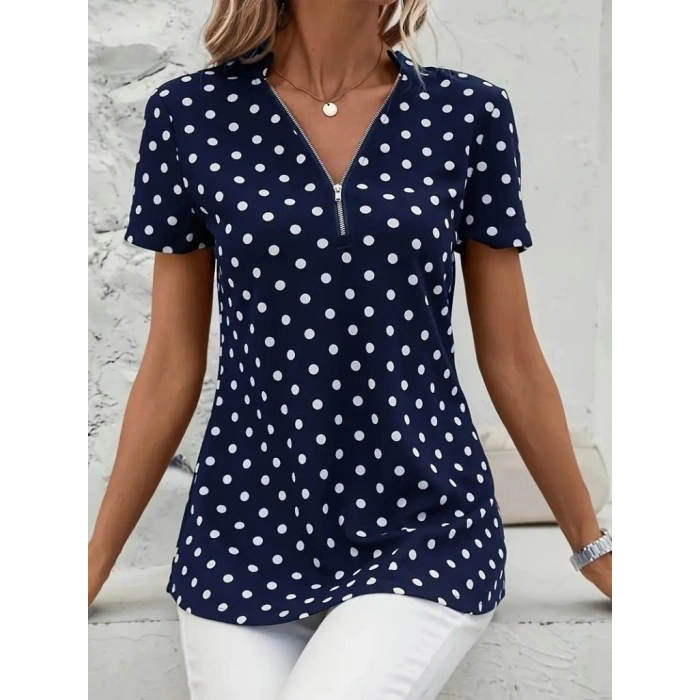 Kadın Kısa Kollu Yakadan Fermuarlı Puantiyeli Uzun Dokuma Viskon Bluz