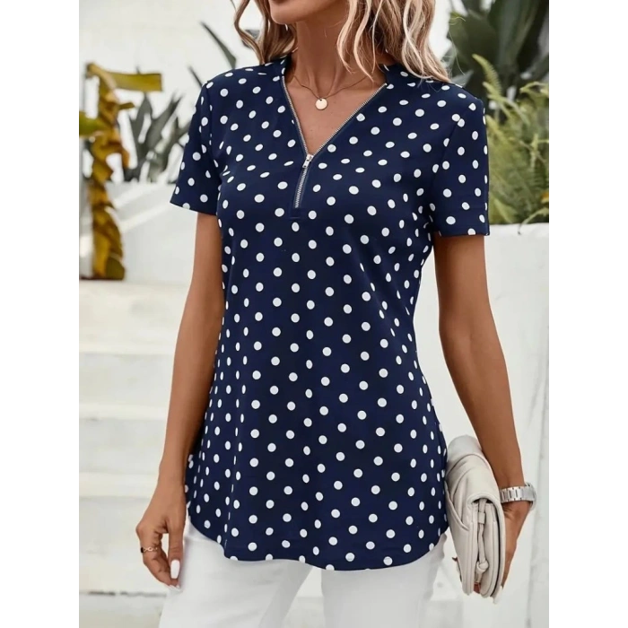 Kadın Kısa Kollu Yakadan Fermuarlı Puantiyeli Uzun Dokuma Viskon Bluz