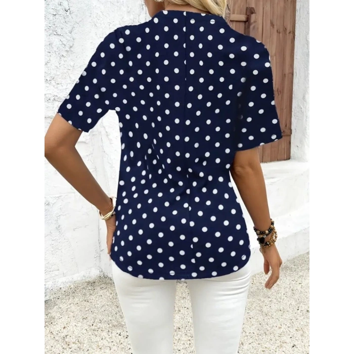 Kadın Kısa Kollu Yakadan Fermuarlı Puantiyeli Uzun Dokuma Viskon Bluz