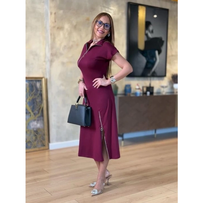 Kadın Kısa Kollu Yakadan Ve Etekten Fermuarlı Midi Viskon Iki Iplik Elbise