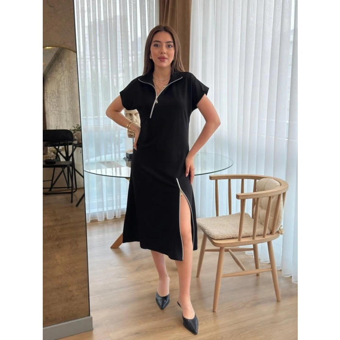 Kadın Kısa Kollu Yakadan Ve Etekten Fermuarlı Midi Viskon Iki Iplik Elbise