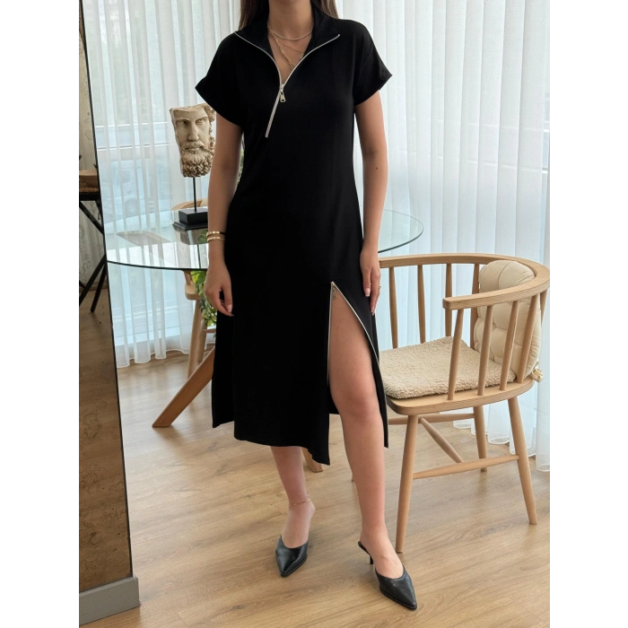 Kadın Kısa Kollu Yakadan Ve Etekten Fermuarlı Midi Viskon Iki Iplik Elbise