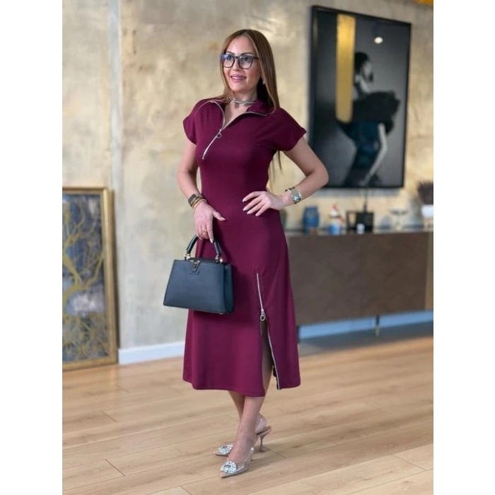 Kadın Kısa Kollu Yakadan Ve Etekten Fermuarlı Midi Viskon Iki Iplik Elbise