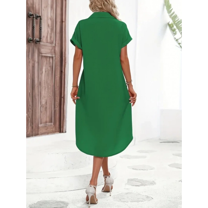 Kadın Kısa Kollu Yakalı Düğme Detay Midi Dokuma Elbise