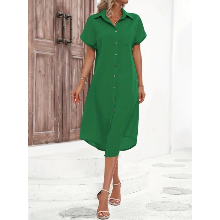 Kadın Kısa Kollu Yakalı Düğme Detay Midi Dokuma Elbise