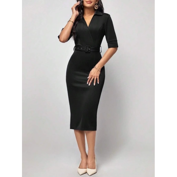 Kadın Kısa Kollu Yakalı Kruvaze Yakalı Beli Kemerli Midi Modal Elbise