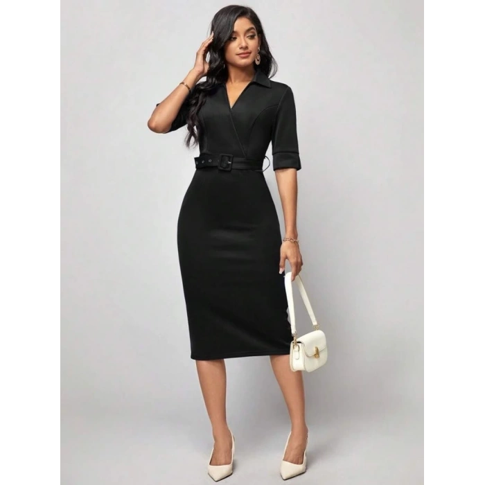 Kadın Kısa Kollu Yakalı Kruvaze Yakalı Beli Kemerli Midi Modal Elbise