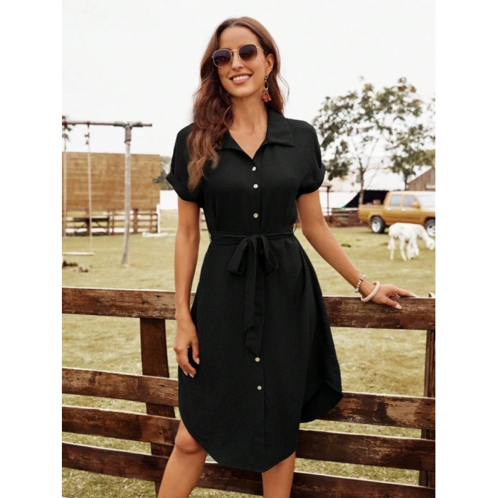 Kadın Kısa Kollu Yakalı önden Düğmeli Beli Kuşaklı Bürümcük Elbise