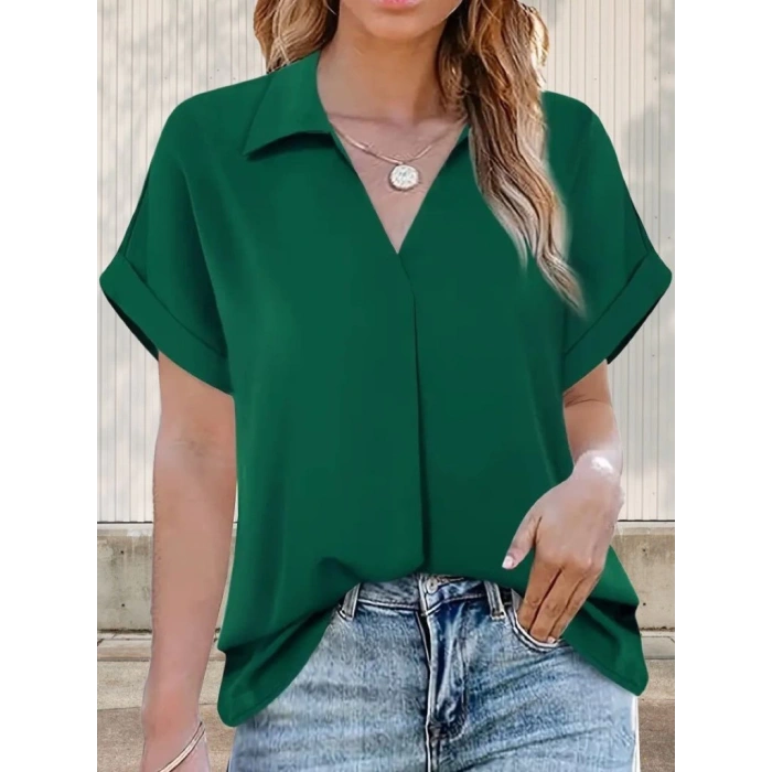 Kadın Kısa Kollu Yakalı Uzun Sandy Bluz